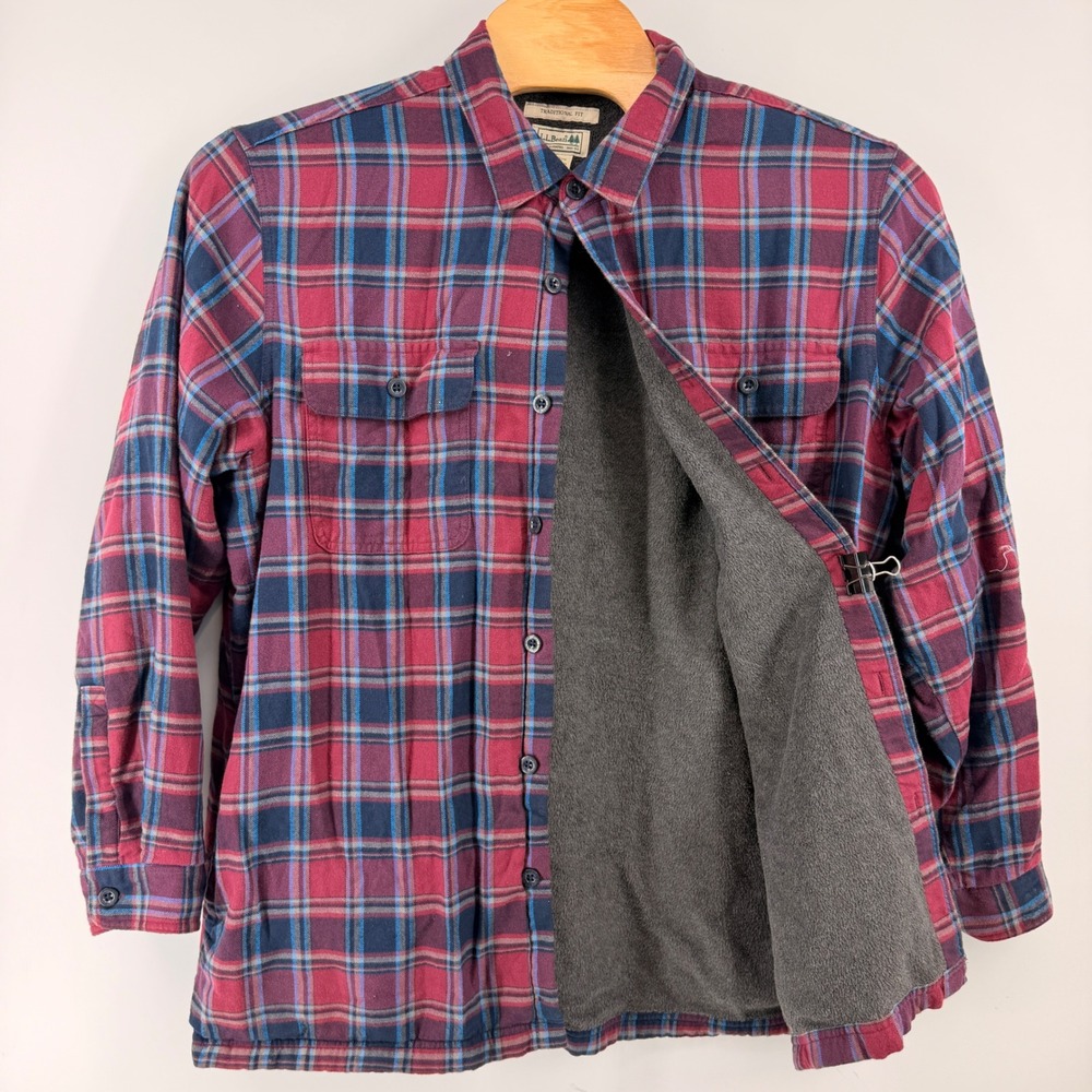 L.L. Bean Fleece Lined Flannel Shirt Mens XL Red Blue Plaid Traditional Fit